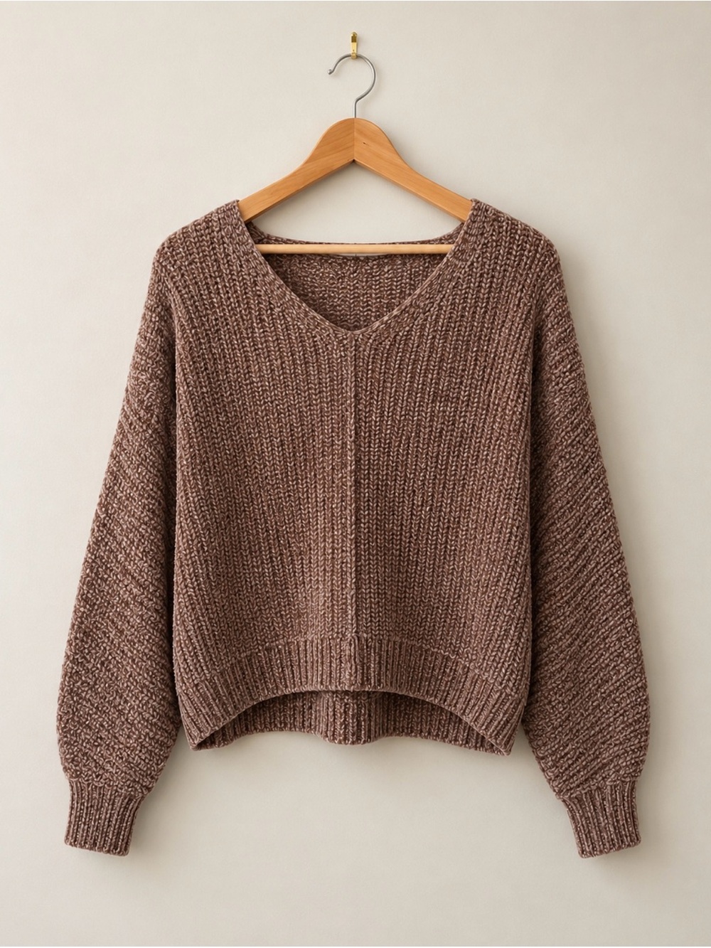Pink Rose | Medium | V-Neck Women’s Sweater in Brown w/Gold Accent